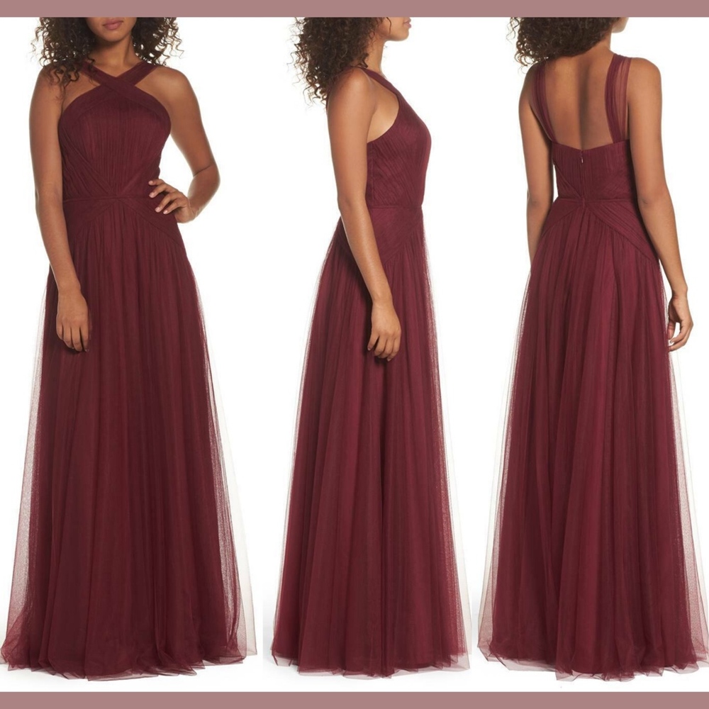 NWT Hayley Paige Occasions High Neck Pleated English Net Gown Burgun [SZ 8 ]‎